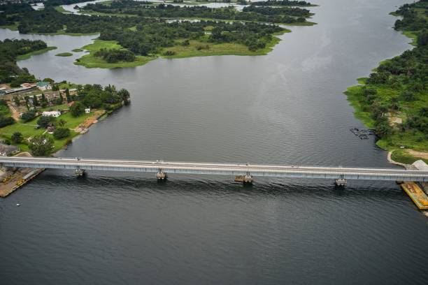 istock Bird's eye view of a train track over a river in Ghana 1448885308