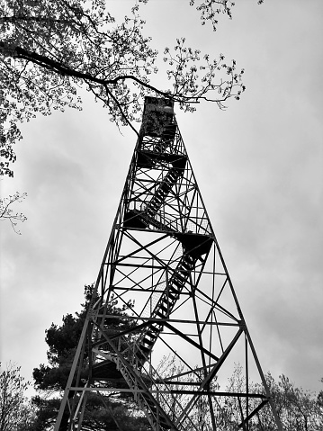 Monochrome view upward into a fire lookout station. Taken in the Catskills, a mountain range that is part of the northernmost reaches of the Appalachian Mountains, located in southeastern New York.