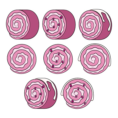 Set of color illustration with pink berry cake roll. Isolated vector objects on a white background.
