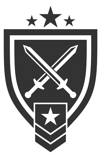 Fighter division patch. Shield badge with crossed swords isolated on white background
