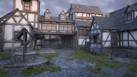 Calle empedrada en un antiguo pueblo medieval o ciudad con casas con entramado de madera y un pozo. Ilustración 3D. photo