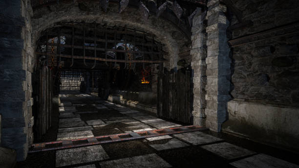 istock Dark moody medieval castle hallway with black iron gate. 3D illustration. 1448891388
