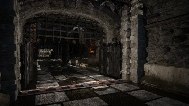 istock Dark moody medieval castle hallway with black iron gate. 3D rendering. 1448891410