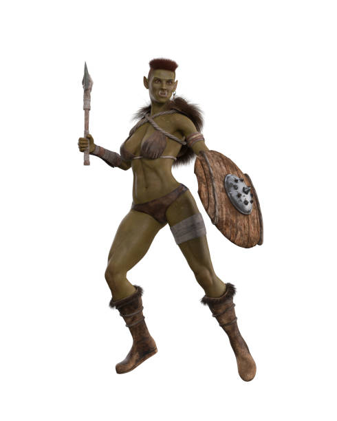 istock Fantasy female orc soldier standing with axe raised ready to fight and shield on her arm. Isolated 3D rendering. 1448891435