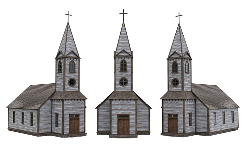 Old wild western wooden church with cross on top of the bell tower. 3D illustration with 3 angles isolated.