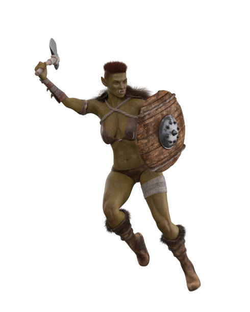 istock Fantasy female orc warrior with green skin attacking her enemy with an axe and protecting herself with a shield on her arm. Isolated 3D illustration. 1448891439