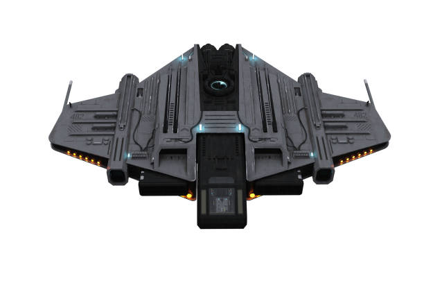 istock Futuristic fantasy space ship in flight with yellow lights on viewed from front.  3D rendering isolated. 1448891478