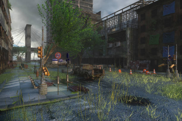 istock Fantasy post apocalyptic future ruined city landscape. 3D illustration. 1448891551