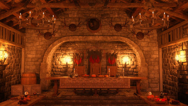 istock Kings table with food and candles in a medieval dining hall. 3D rendering. 1448891556