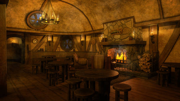 istock Medieval tavern inn bar with open fire burning in the evening with candlelight. 3D rendering. 1448891558