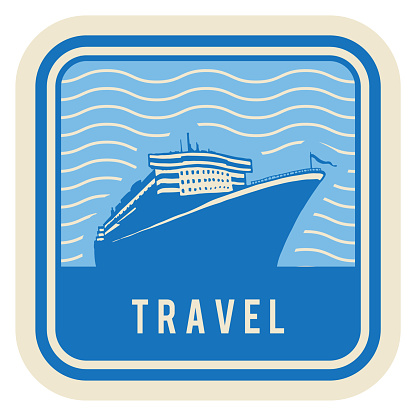 Marine travel sticker. Retro paper label with cruise ship. Vector illustration