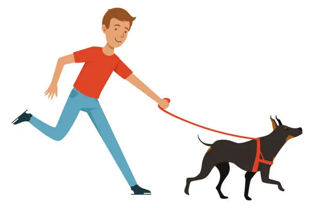 Vector illustration of Boy running with dobermann. Cartoon kid with dog walking