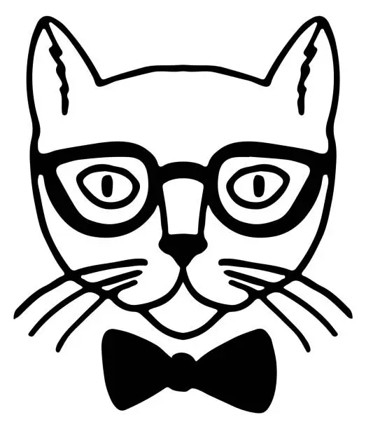 Vector illustration of Cat in glasses and bowtie. Funny animal portrait