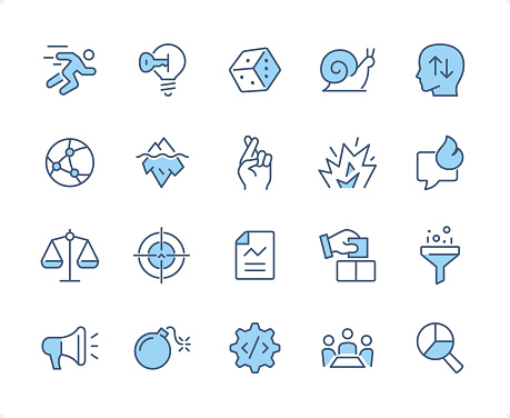 Risk Management icons set #42

Specification: 20 icons, 64×64 pх, EDITABLE stroke weight! Current stroke 2 px.

Features: Pixel Perfect, Dichromatic style.

First row of  icons contains:
Fast Running man, Unlocking Light Bulb, Casino Cube, Slow Snail, Human Mind;

Second row contains: 
Globe, Iceberg, Fingers Crossed, Exploding, Hot Talk;

Third row contains: 
Justice Scales, Target, Report, Integrity (Blocks), Separating Funnel; 

Fourth row contains: 
Announcement, Bomb, Code Gear, Meeting, Business Analysis.

Check out the complete duocolor Prolinico Blue collection — https://www.istockphoto.com/collaboration/boards/_a-Cj-vICEGsbZqV9B7k2w