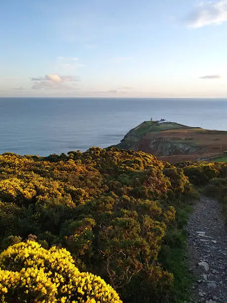 Situated on the Peninsula of Howth near Dublin, the picture shows a beautiful spring day with wide landscape, an ocean background and a lighthouse situated in the far away center of the picture.