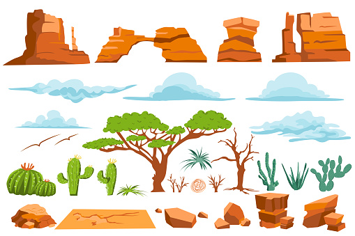 Desert nature isolated graphic elements set in flat design. Bundle of different shape mountains and rocks, stones, clouds in sky, trees, cactus and other plants for arid climate. Vector illustration.