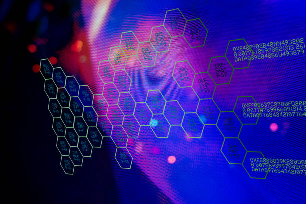 istock Metaverse. Blockchain connections on screen style background 1448906571