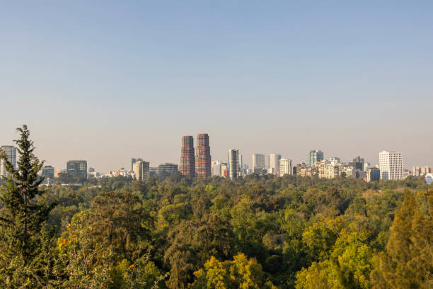 Horizontal photo of Mexico City. Chapultepec park in the foreground and view of the tallest building in Latin America