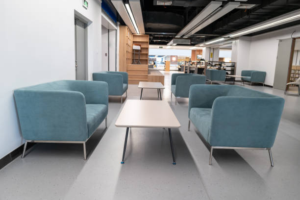istock Sofa in front of empty bookcases in library 1448910389
