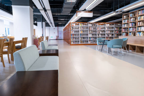istock Sofa in front of empty bookcases in library 1448910423