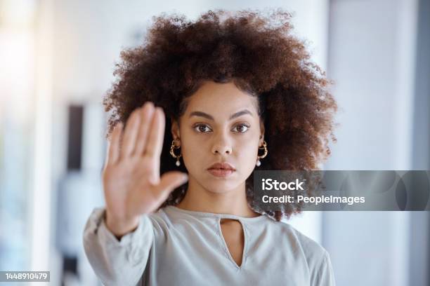 Hands Hr And Manager Stop Sign With Hand In Office Serious Power And Change In Corporate Black Woman Fighting Sexual Harassment Discrimination And Toxic Work Environment With Employee Protection Stock Photo - Download Image Now