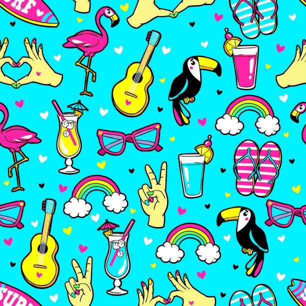 ÐÐµÑÐ°ÑÑ Tropic seamless pattern with Flamingo, Toucan, rainbow, cocktail, guitar, sunglasses, surf board, etc. Vector background with fashion patches and stickers in cartoon 80s-90s trendy style. rainbow toucan stock illustrations