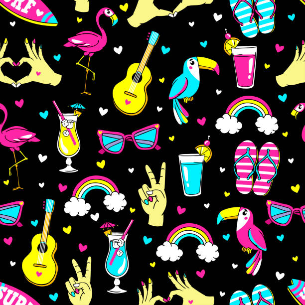 ÐÐµÑÐ°ÑÑ Tropic seamless pattern with Flamingo, Toucan, rainbow, cocktail, guitar, sunglasses, surf board, etc. Vector background with fashion patches and stickers in cartoon 80s-90s trendy style. rainbow toucan stock illustrations
