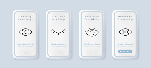 Eyes set icon. Open, closed, blink, sleep, cross, iris, pupil, eyelashes, biometry, scan, ophthalmology, optometrist. Human concept. UI phone app screens. Vector line icon for Business and Advertising
