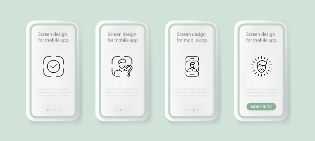 Biometry set icon. Face iD, recognize, recognition, frame, successfully recognized, identity verification. Privacy concept. UI phone app screens. Vector line icon for Business and Advertising