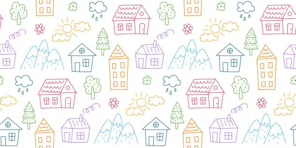 Vector illustration of Seamless pattern with children drawings. Kids doodle houses, mountains and trees. Hand drawn childish pattern with fairy town. Cute baby texture. Vector illustration on white background