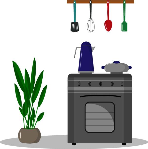 ilustrações de stock, clip art, desenhos animados e ícones de kitchen items - stove, kettle and utensils for cooking. - studio equipment illustrations