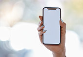 Woman, hands and phone with mockup space for travel app  marketing, gps logo or map design ux for tourist travel. Zoom, 5g mobile or communication technology with mock up for social media advertising