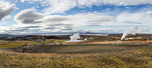 Drone view of the top of active volcano crater