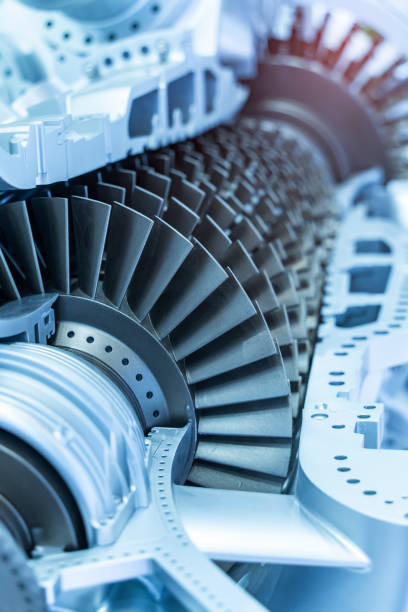 Model of turbine engine with longitudinal section for studying arrangement of blades and combustion chambers stock photo