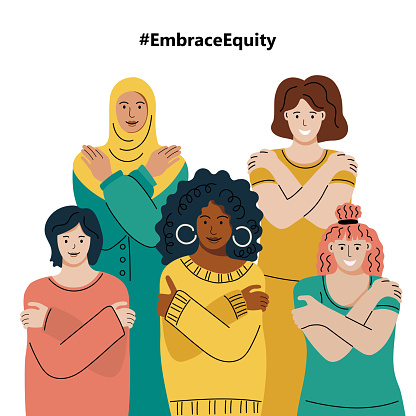 Women are hugging themself. Embrace Equity is campaign theme of International Women's Day 2023. Fight like a girl.