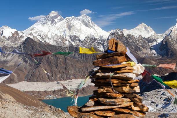 istock Mounts Everest Lhotse Makalu with buddhist prayer flags 1448924213