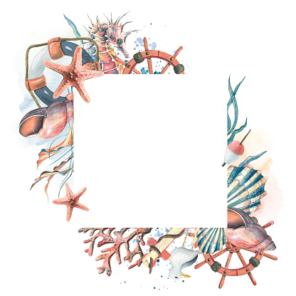A Square frame, a wreath with marine inhabitants, a steering wheel, an anchor and a lifebuoy. Watercolor illustration. Template preparation from the MARINE SYMPHONY collection. For design.