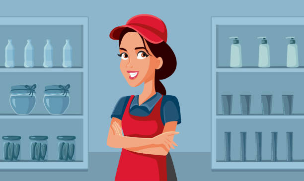 Supermarket Employee Standing with Arms Crossed Welcoming Clients Vector Illustration Cheerful grocery store worker waiting for customers at the aisle supermarket aisles vector stock illustrations