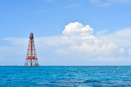 Sombrero Key Lighthouse offshore of Vaca Key in Marathon in the Florida Keys.