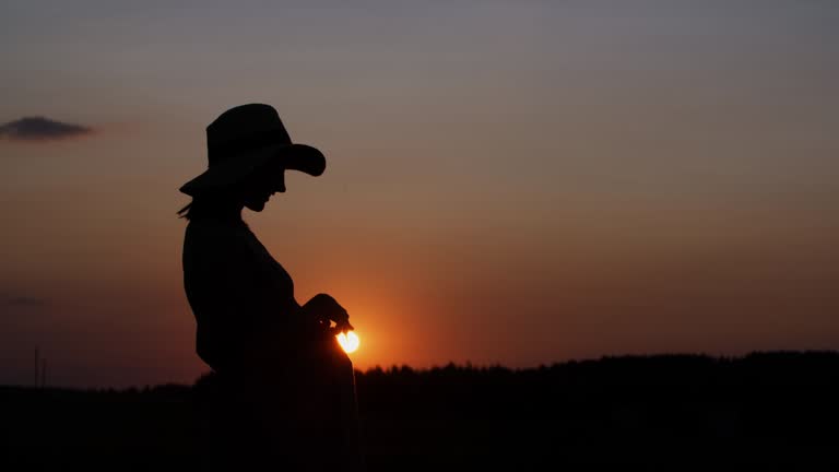 Silhouette pregnant woman in dress and hat touching belly standing in meadow outdoors during sunset