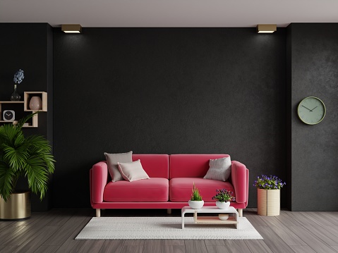 Dark wall background mockup with viva magenta sofa furniture and decor of the year 2023.3d rendering