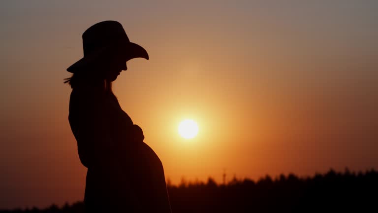 Silhouette pregnant woman in dress and hat touching belly standing in meadow outdoors during sunset