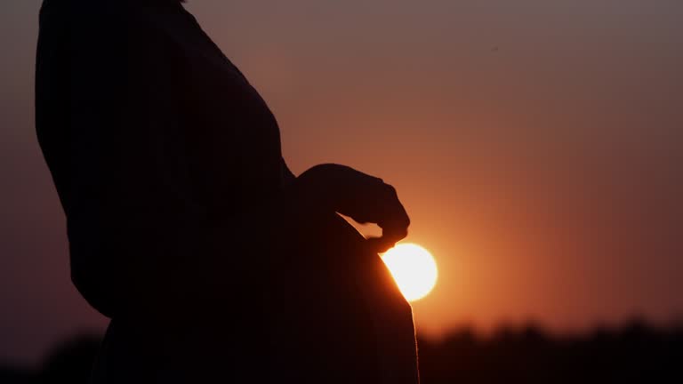Silhouette pregnant woman in dress and hat touching belly standing in meadow outdoors during sunset