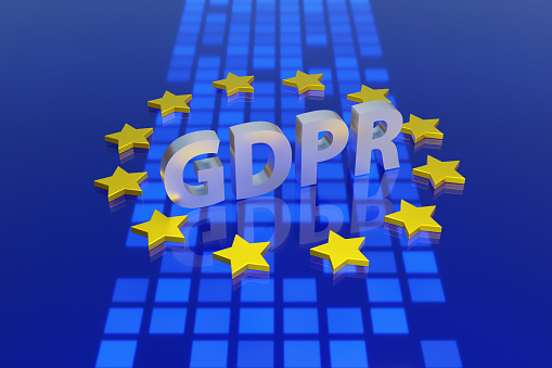 A ring of golden stars and four letters GDPR on blue digital blocky background. Illustration of the concept of General Data Protection Regulation (GDPR) of European Union