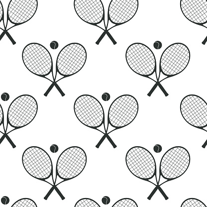 Hand drawn seamless pattern. Tennis rackets and balls