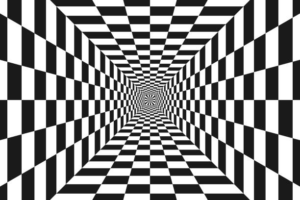 черно-белая психоделическая шахматная доска - illusion spiral black white stock illustrations