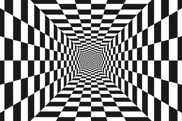 black & white psychedelic checkerboard - göz yanılması stock illustrations