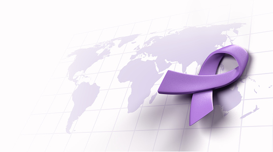 Violet lavender awareness ribbon on world map to sign symbol of World Cancer Day banner campaign, 3d rendering