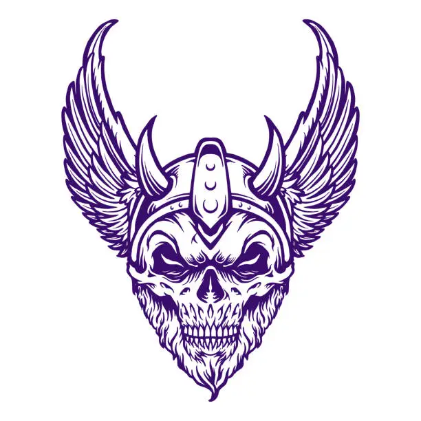Vector illustration of Viking Warrior Head Skull Wings outline