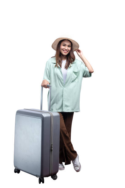 istock Asian woman with a hat and suitcase 1448944741